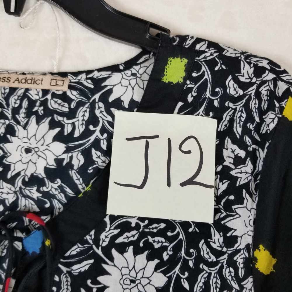Dress Addict Women Cotton Mixed Print Floral Tiered Mini Dress Black Sz L Boho - Picture 7 of 7